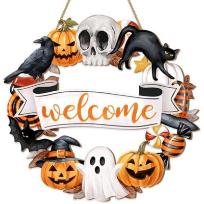 Halloween Wood Wreath Ghost Black Cat Pumpkin Skull Door Hanging Sign Decorations, Rustic Spooky Halloween Welcome Wooden Signs For Front Door Hanger Home Decor Party Supplies