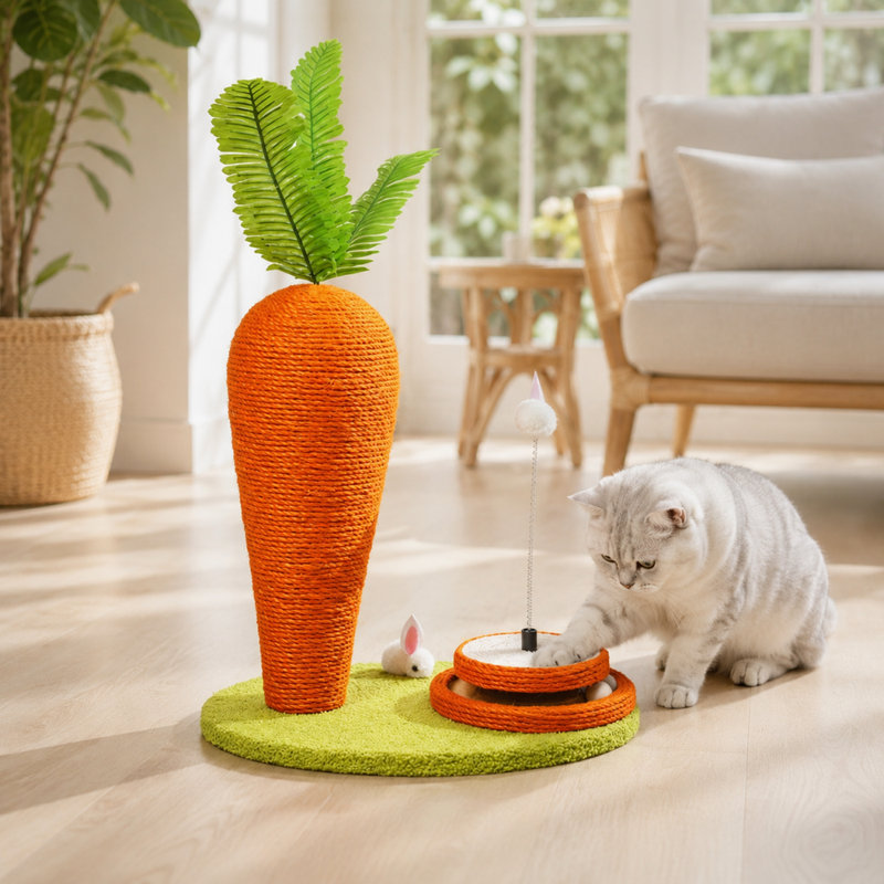 Centre d'activités pour chat en sisal en forme de carotte avec rail à roulement à billes et jouet à pompons