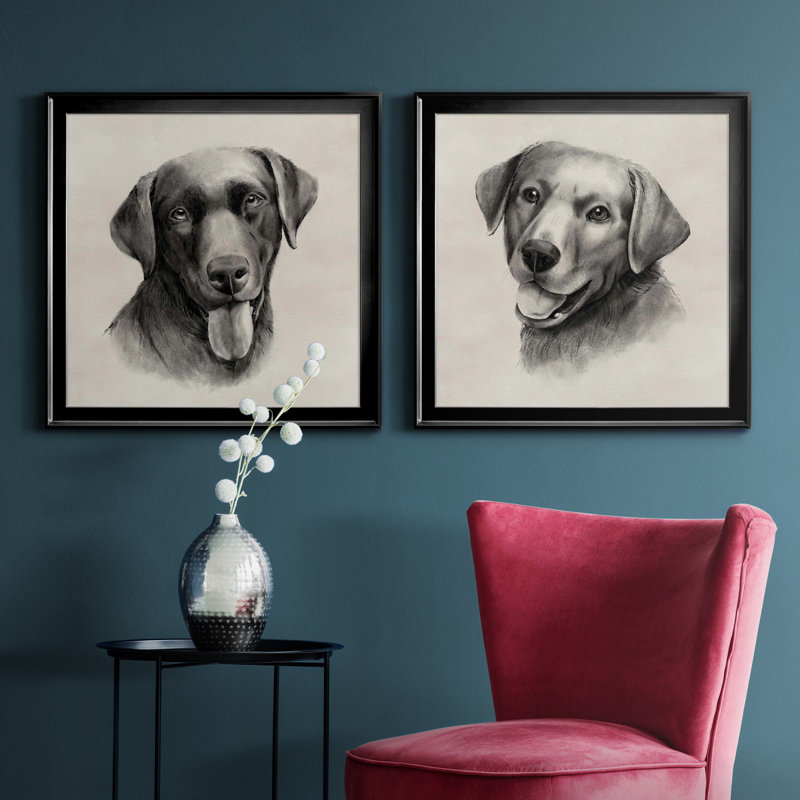 «Charcoal Labrador I», ensemble de 2 reproductions d'art sur toile, H 17,5 po x l 35 po x P 1,5 po, Toile avec cadre noir