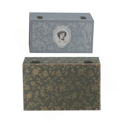 Set Of 2 Antique Decorative Boxes With Lady Portrait And Olive Floral Motifs, L:11.5X7x5" S:9.5X5x4.5"