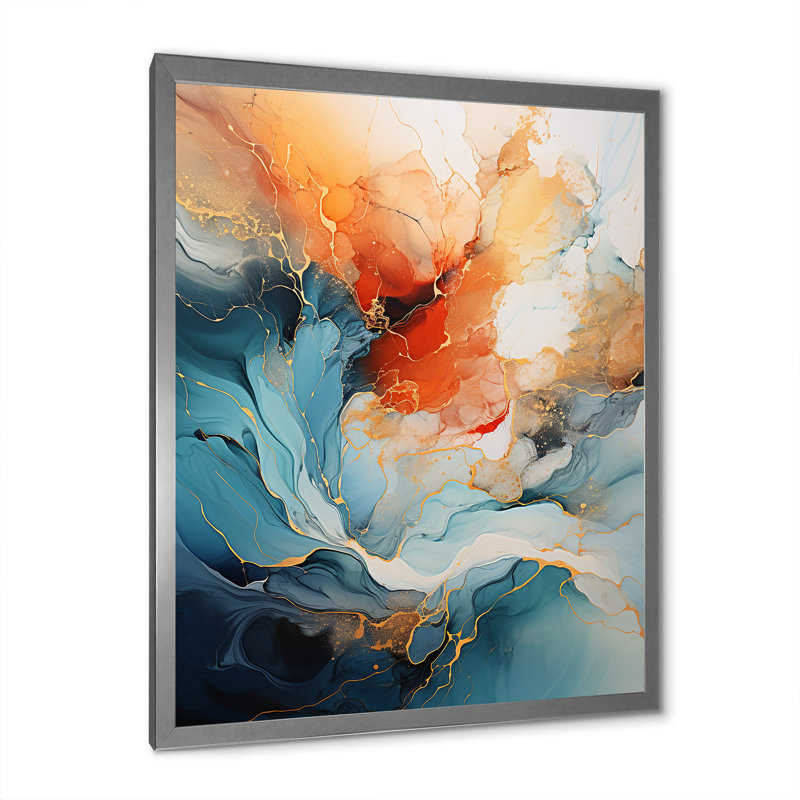 Teal Orange Bold Abstract Flow Collage II - Dams, impressions encadrées, H 40 po x l 30 po, Cadre photo unique, Argent argent