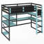 Lit mezzanine simple en bois avec bureau, support de rangement latéral, tablettes multiples et lumière RVB-133663743