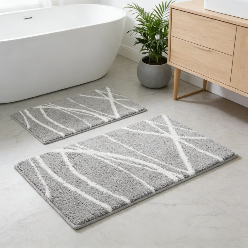 Modern Curved Line Bathroom Rug Set, Soft Absorbent Microfiber Bath Mats With Non-Slip Backing, Plush Shaggy Carpet For Bathroom Floor, Tub And Shower