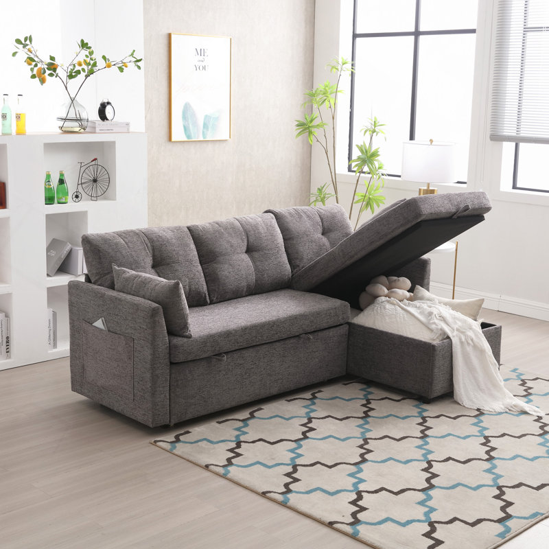Vaya 2 - Piece Pull Out Sectional Sleeper Sofa With Storage Chaise, Dark Gray Chenille