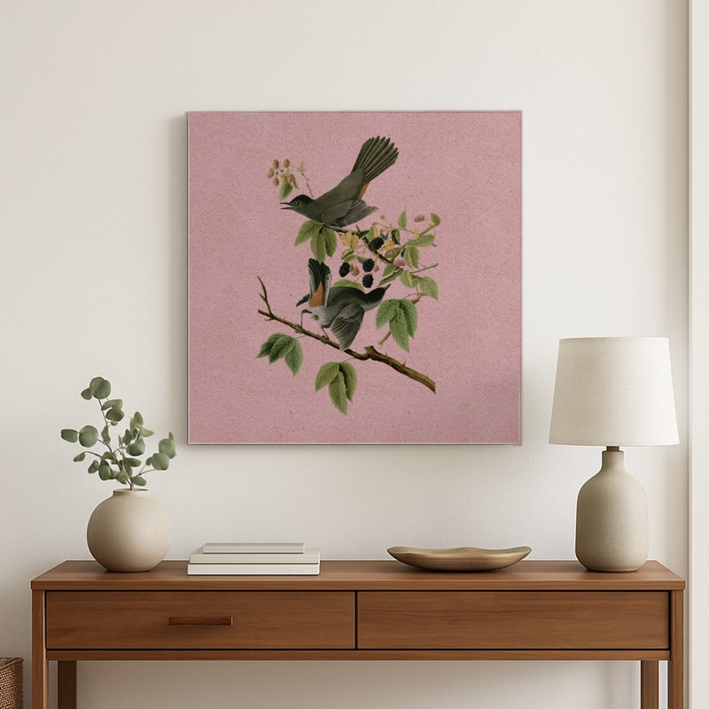 Oiseau-chat gris (Planche 128) Rose — Décoration murale carrée en métal, 8" H x 8" W