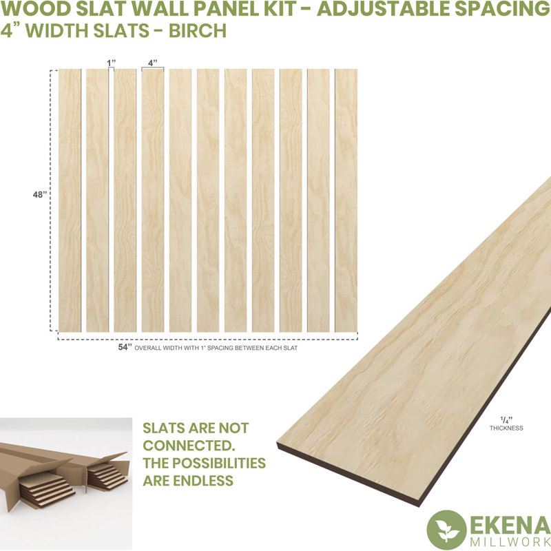 Adjustable Wood Slat Wall Panel Kit, 2"W x 94"H x 0.25"T, Birch