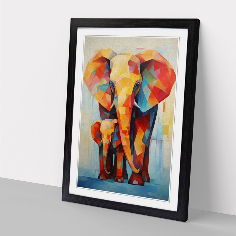 Elephant Cubism - Single Picture Frame Print on Wood, Black, 46cm H x 34cm W x 2cm D
