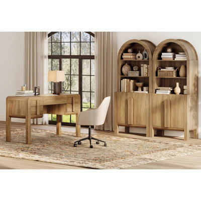 Home Office Set, 53.5" Modern Executive Desk With Charging Station And Drawers & 2 Piece 71"H Tall 5-Tier Arched Bookcases With Storage Cabinet For Living Room, Bedroom, Home Office