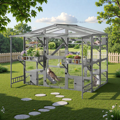 Large Outdoor Catio for 6-10 Cats, Pine Wood Cat Cage Outdoor with Weatherproof Roof, 6 Platforms, Climbing Ramp, 1 Resting Box and Cat Scratching Post, Outdoor Cat House