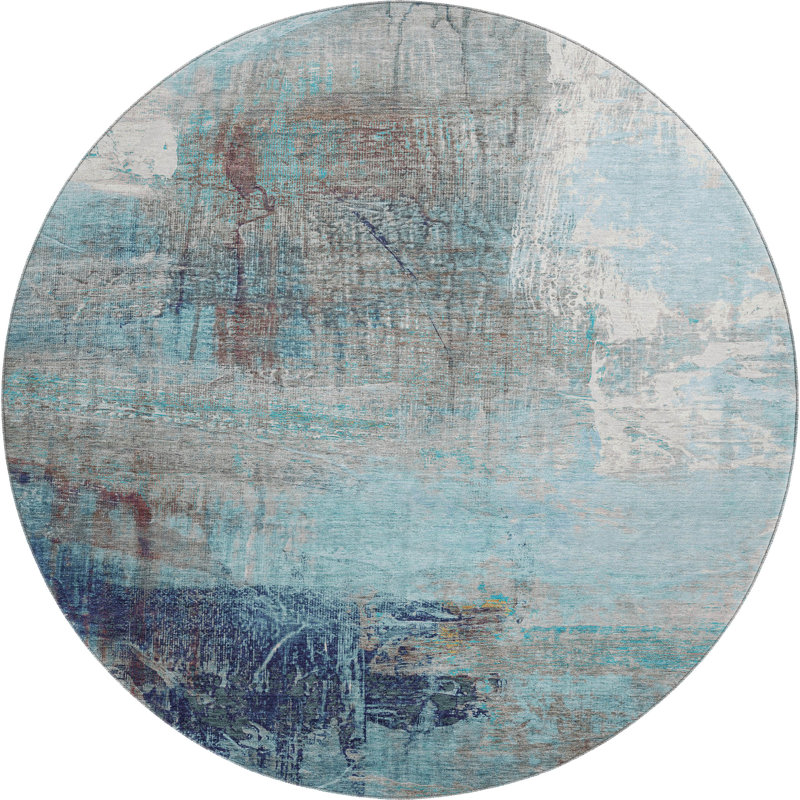 Premium Machine Washable Mayfield Abstract Rug, Teal, 8' Round
