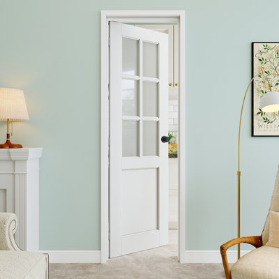 Porte pré-suspendue en verre givré 24 po x 80 po à 6 lumières avec bouton rond et charnières argentées, dalle de porte d'intimité en verre, peint et imperméable, combinaison pour la lessive, portes de placard, portes de chambre, main gauche