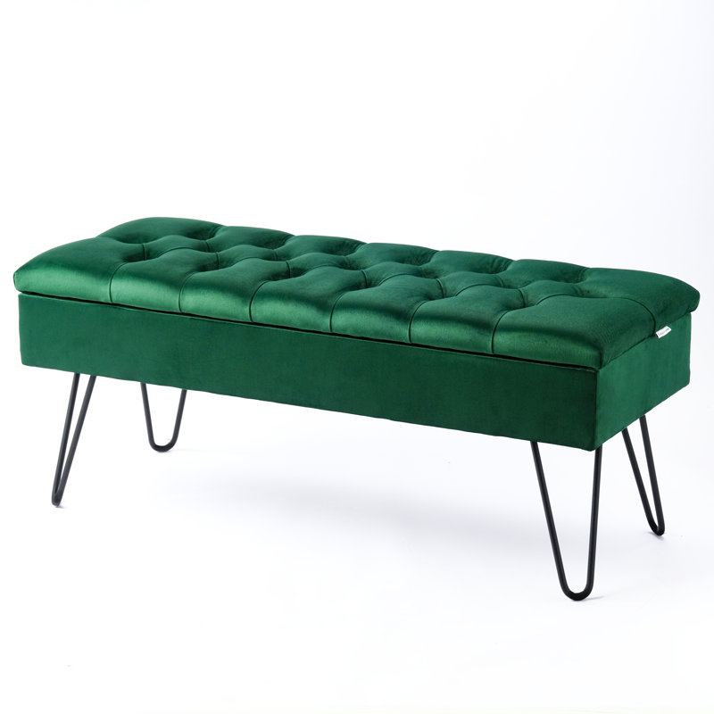 Dunfee Velvet Upholstered Storage Bench, Green, H44 x W100 x D30cm