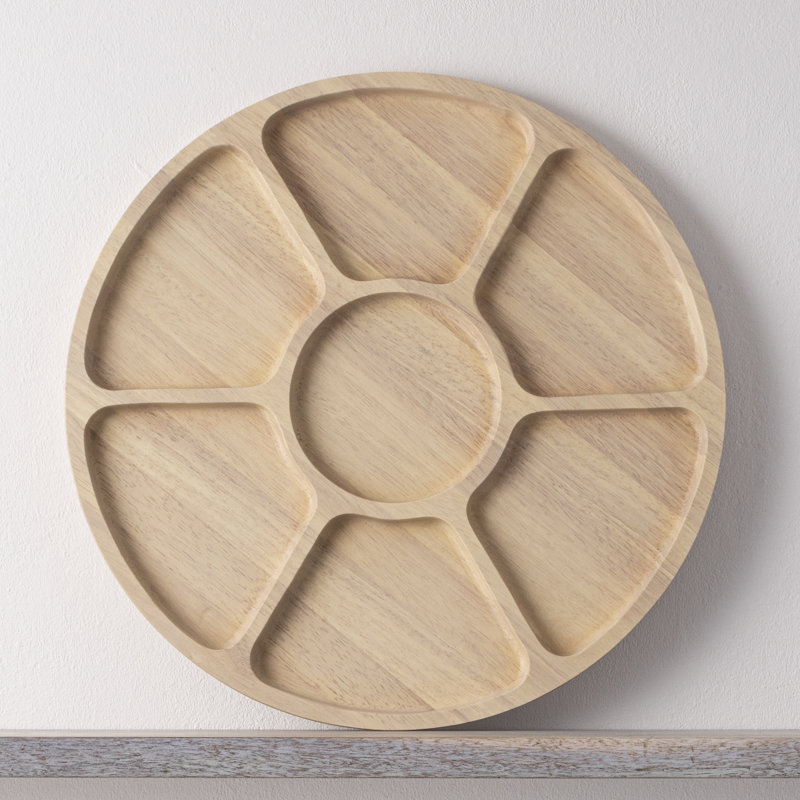 Blonde Rubber Wood Round Compartment Platter, 16"