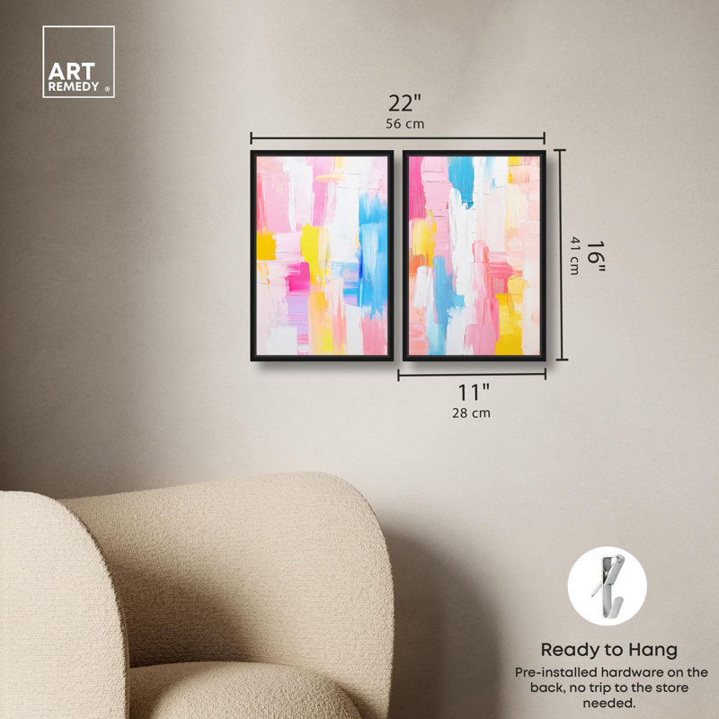 Joyful Abstracts Set, ensemble de 2 toiles Art Maximaliste, Cadre flottant noir, H 15 po x l 10 po