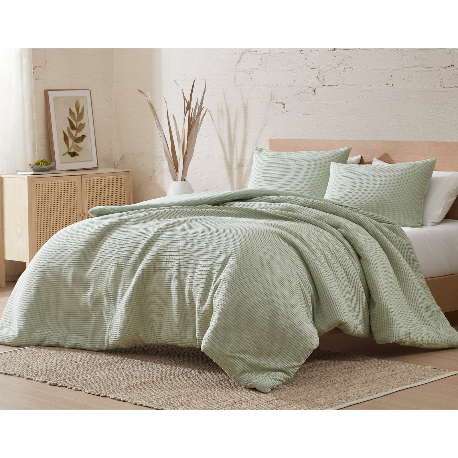 Cotton Waffle Duvet 3 Pc , King Duvet Cover + 2 King Shams, Green