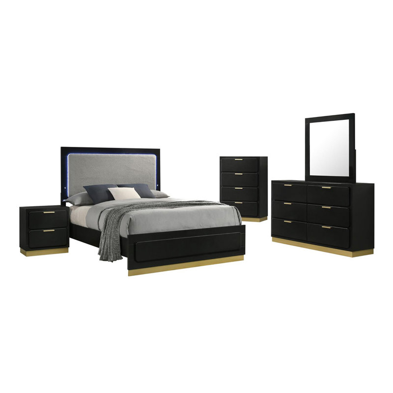 Ensemble de chambre à coucher rembourrée 5 pièces Fellicia, Black, Très grand californien