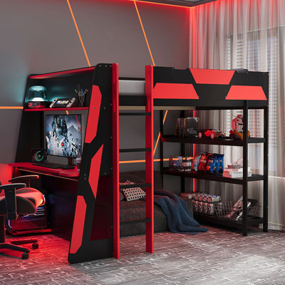 Lit mezzanine pleine grandeur avec bureau, tablettes et lumières DEL, noir et rouge