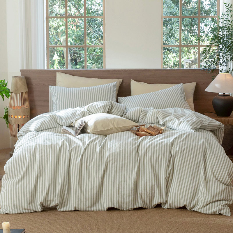 Ensemble de housse de couette à rayures 100% coton lavé MooMee, Rayures classiques - vert sauge / blanc