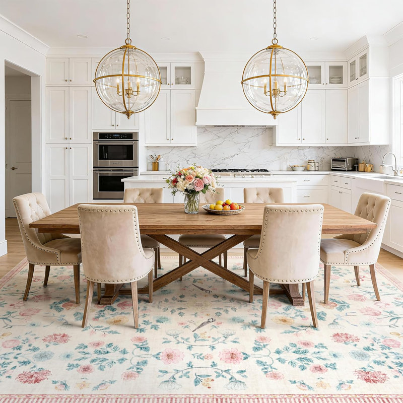 6x9 Floral Area Rug, Washable Non Slip Foldable Rug for Dining Room Office, Pink, Rectangle 6' x 9', Pink