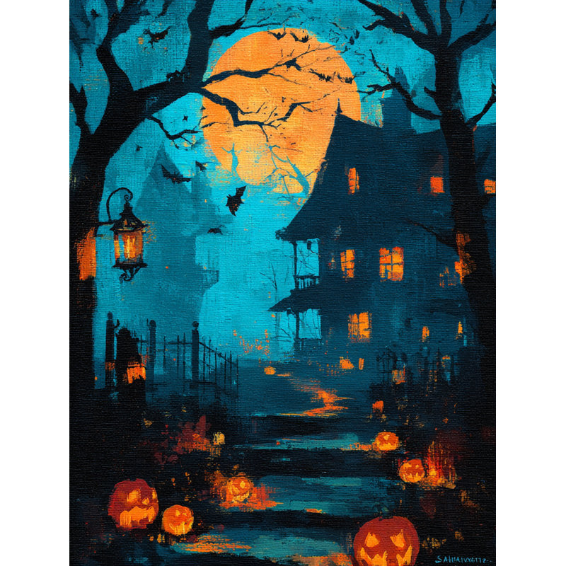 «Skulls with Pumpkins under Full Moon», art mural sur toile, H 48 po x l 36 po