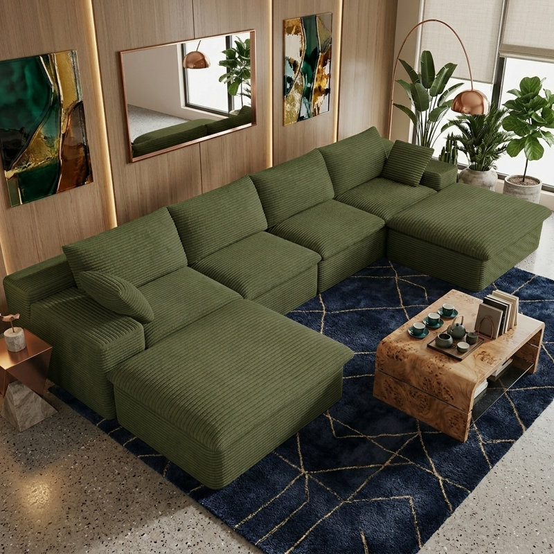 Canapé modulaire surdimensionné en forme de U de 135,4 po, canapé à dossier profond désossé avec repose-pieds Cloud, sans assemblage Canapé modulaire en forme de U pour meubles de salon, vert