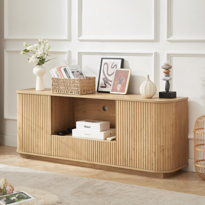 Meuble télé moderne, buffet arrondi, armoire de rangement, armoire à rayures verticales en bois pour le salon / la chambre / le vestibule