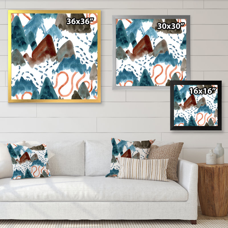 «Brown Green Blue Abstract Mountain Scape», reproduction d'art sur toile moderne, Cadre photo argenté