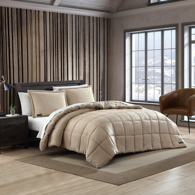 Ensemble d'édredon réversible en microsuède Eddie Bauer, Édredon très grand et 2 taies décoratives, Beige