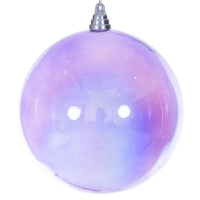 Boule irisée de 8 po. Cet ornement iridescent brille d'une finition brillante et ajoute une touche d'élégance à tout décor des Fêtes. Il est semi-transparent. Le fil est fixé pour faciliter la décoration. Fabriqué en plastique incassable.