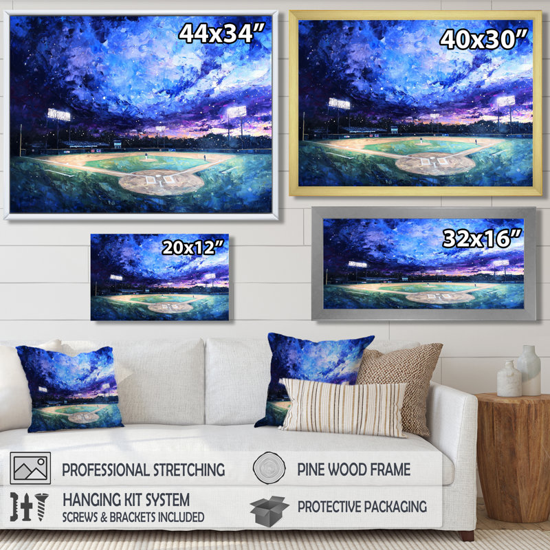 Baseball Field At Night III - Sport Baseball, impression d'art mural, H 16 po x l 32 po, Noir