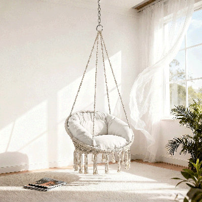 Chaise de hamac suspendue Macrame, balançoire en corde de coton pour 1 personne avec coussin et quincaillerie pour l'intérieur et l'extérieur