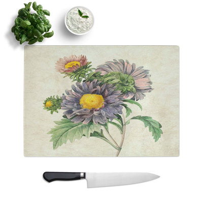 Tempered Glass China Aster Flowers Chopping Board