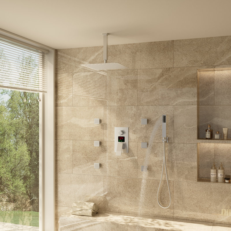 Ceiling Mounted Pressure Balanced Luxury Complete Shower System with Digital Display and Rough-in Valve, Brushed Nickel