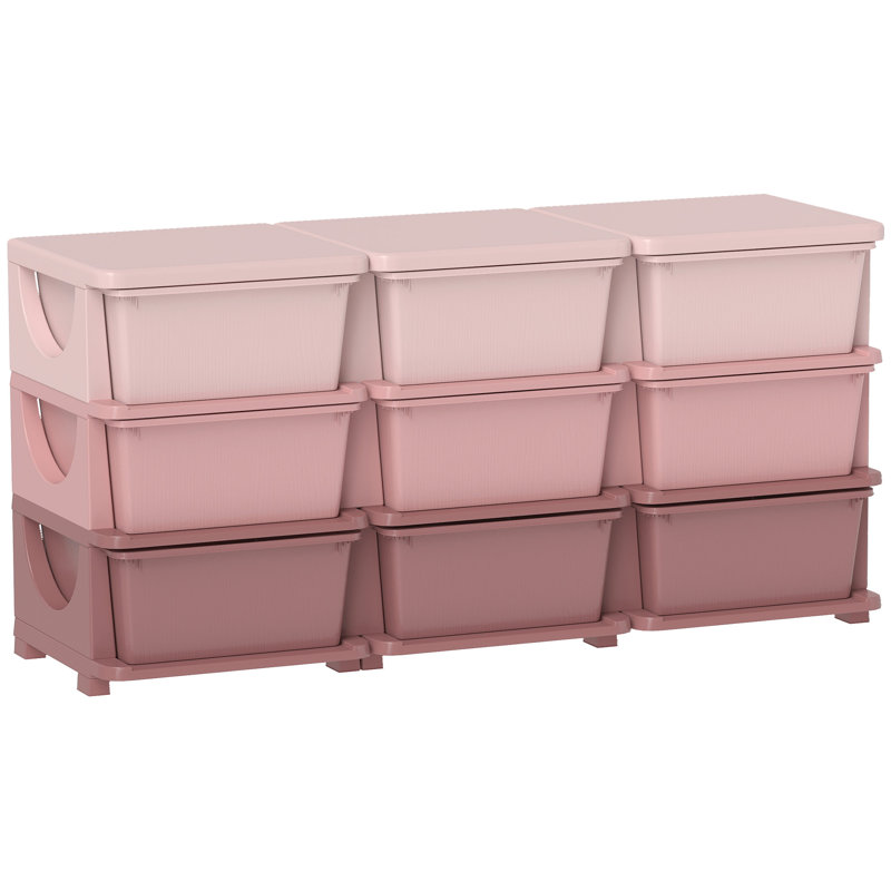 HOMCOM 9 Drawers Plastic Kids Storage Units 3 Tier Children Toy Chest , Pink