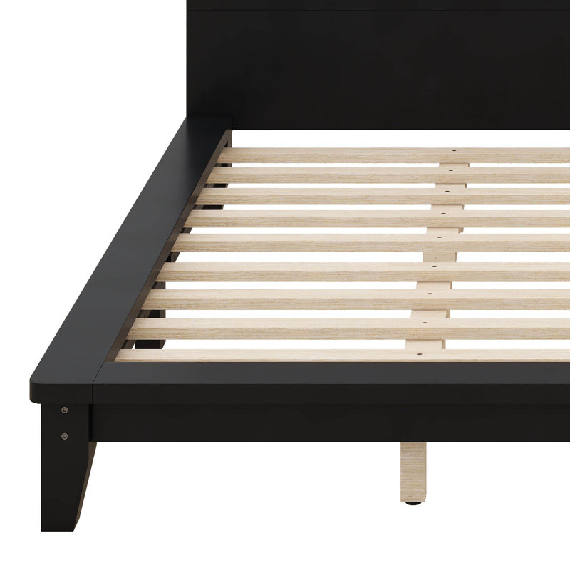 Très grande base de lit plateforme avec tête de lit et lattes en bois, Black, Très grand lit
