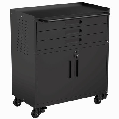 Armoire à outils roulante 34,3 po en métal - Rangement de garage robuste avec portes verrouillables et 3 tiroirs, organisateur d'établi mobile pour garage, atelier, maison