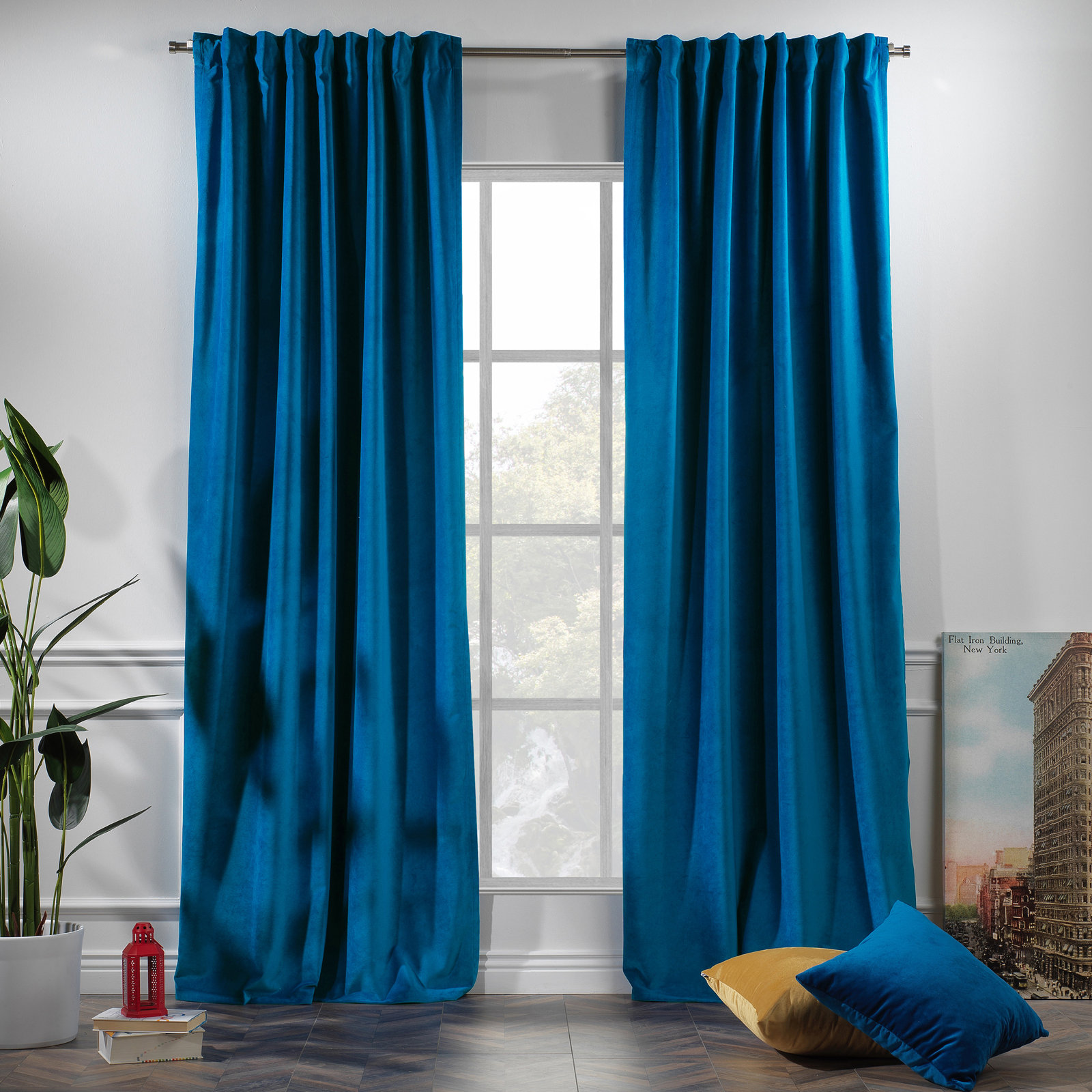 Matte Velvet Room Darkening Curtain Panel Set, 52" W x 95" L, 44 Blue