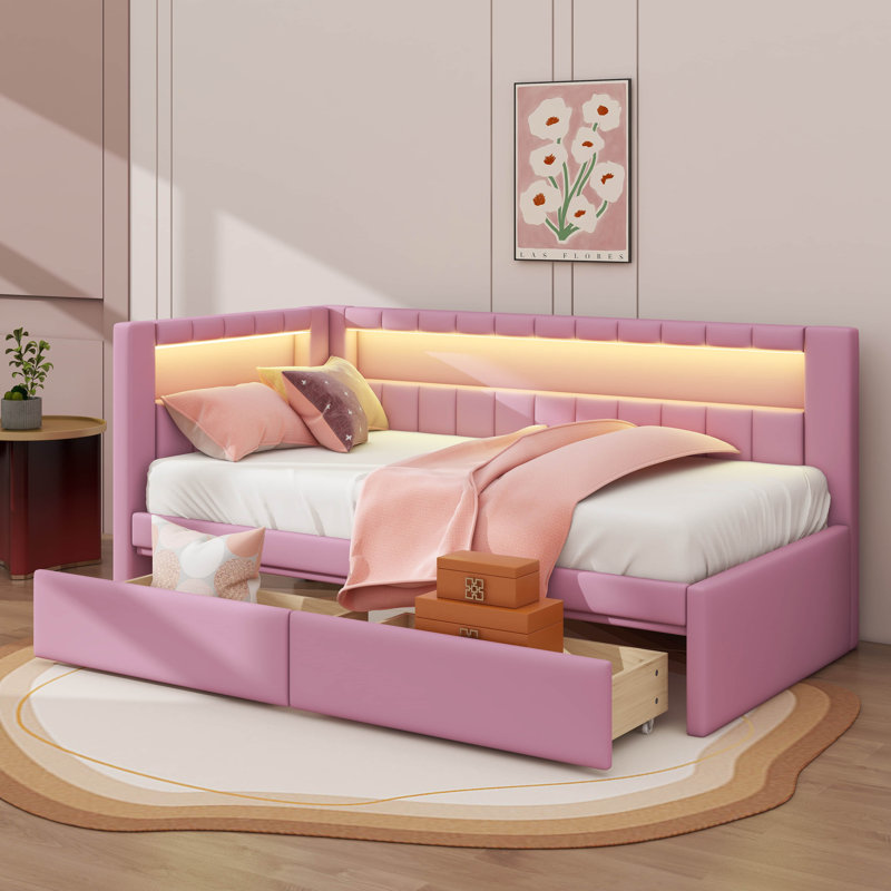 Lit plateforme entièrement rembourré avec prises USB, lumières DEL et rangement intégré, Rose