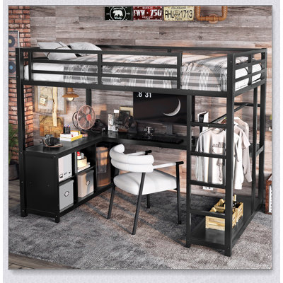 Lit mezzanine en métal avec garde-robe, bureau en forme de L et rangement pour enfants, adolescents et adultes, conception compacte et peu encombrante