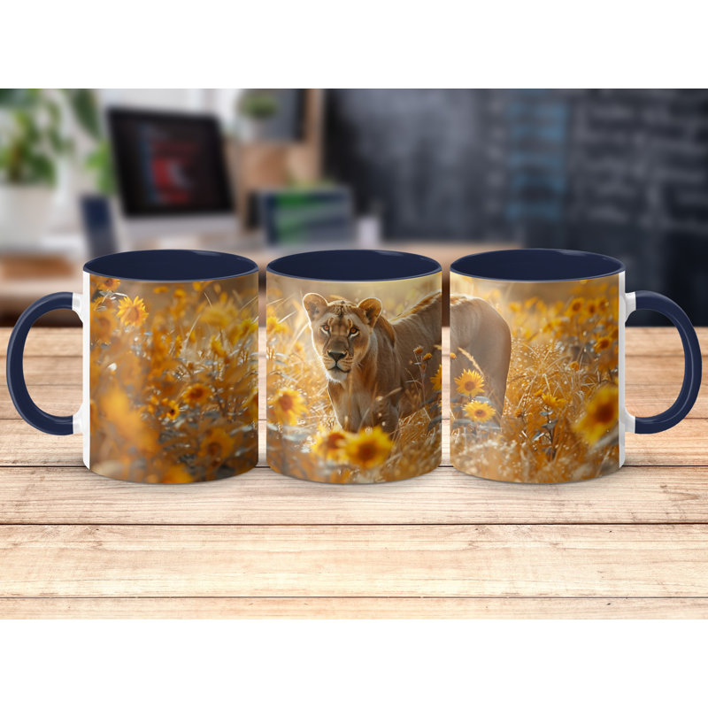 Realistic Animal Design 11oz Accent Mugs –  Ceramic Coffee Cup with a Navy Handle and Interior