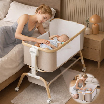 Bedside Sleeper Bassinet, Detachable Portable Baby Bassinet With Rocking Function, 8-level Height Adjustable Newborn Bed, Breathable Mesh, Storage Basket & Rotating Mobile Toy, Khaki