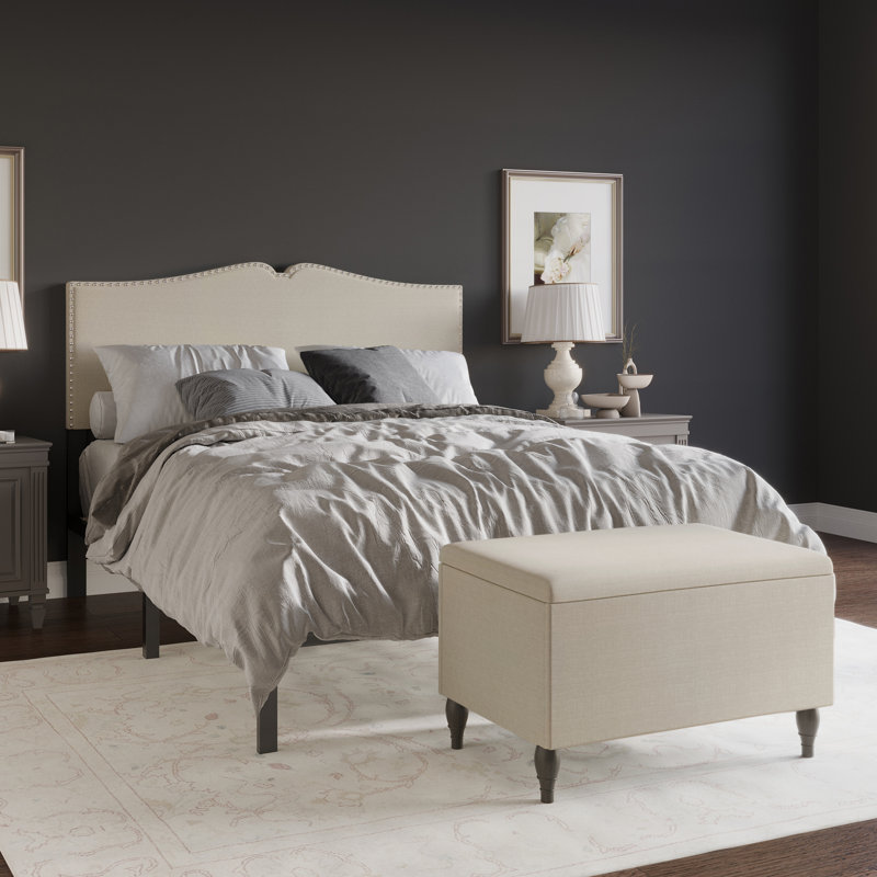 Koden Upholstered Panel Bed With Storage Bench, Full, Warm Grey