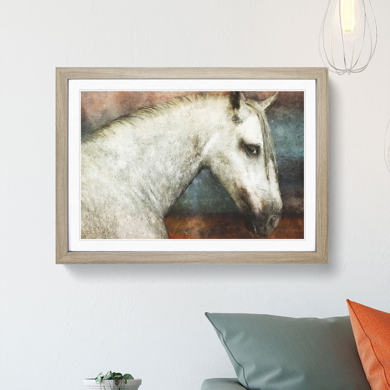 White Horse Portrait - Picture Frame Painting Print, Oak Framed, 24cm H x 33cm W x 2cm D