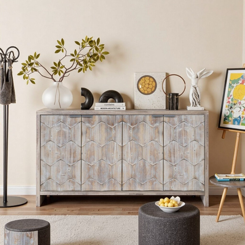 Buffet 59 po en bois massif et panneau de fibres à densité moyenne 4 portes avec tablettes réglables, finition bois naturel délavé