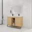 Meuble-lavabo autoportant 48 po en chêne avec lavabo double en résine, portes à fermeture en douceur, tablettes de rangement ouvertes et quincaillerie en aluminium