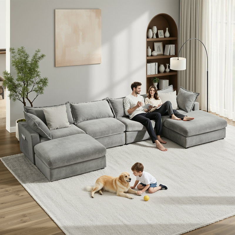 Canapé modulaire rembourré de 158 po en duvet avec repose-pieds avec rangement, gris, Grey
