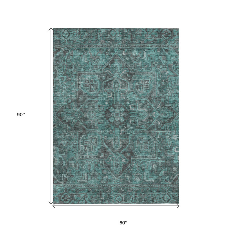 Tapis extérieur lavable antidérapant de style oriental turquoise 5 pi x 8 pi