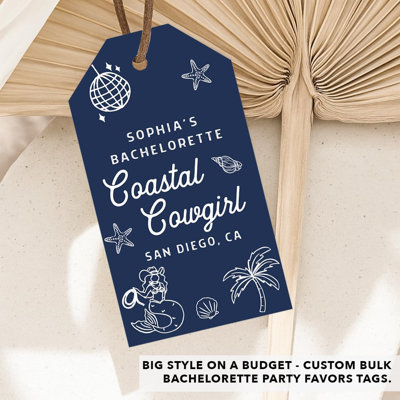 Custom Coastal Cowgirl Favor Tags, Navy Blue Disco Cowgirl Bachelorette Hangover Kit Tags, 20 Pack