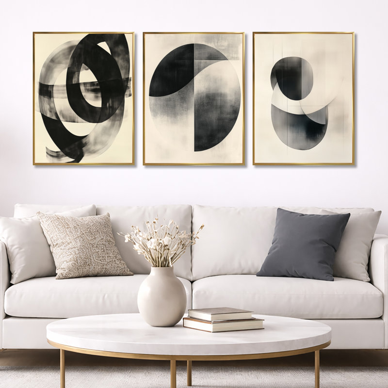 Géométrie noire et blanche «Minimal Curves II», ensemble de 3 toiles abstraites encadrées, Gold Floater Framed