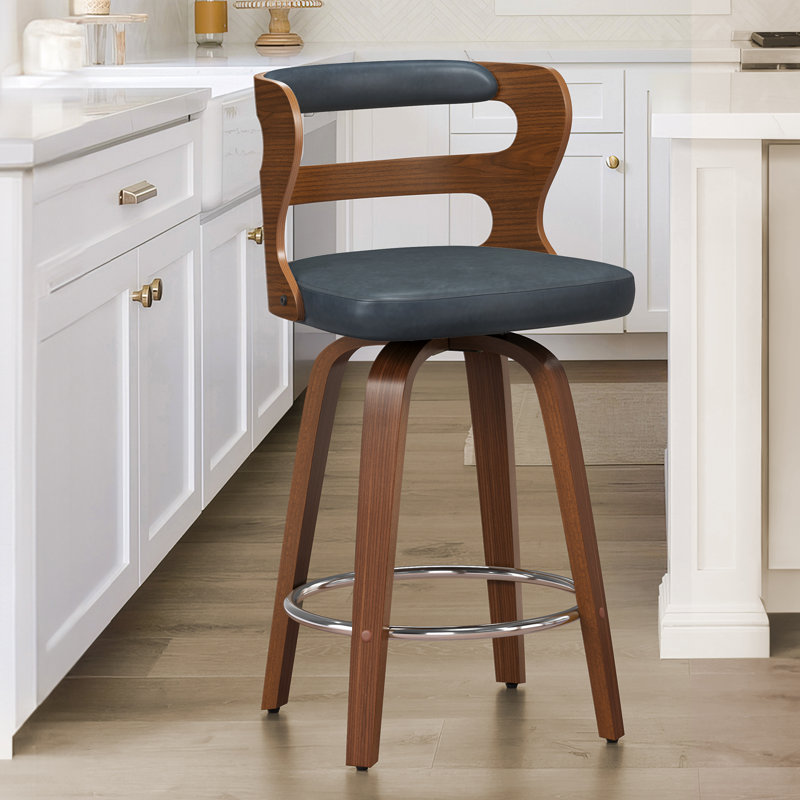 Tabouret de bar pivotant rembourré avec structure en bois, pieds en bois d'hévéa, Gris / bleu / brun